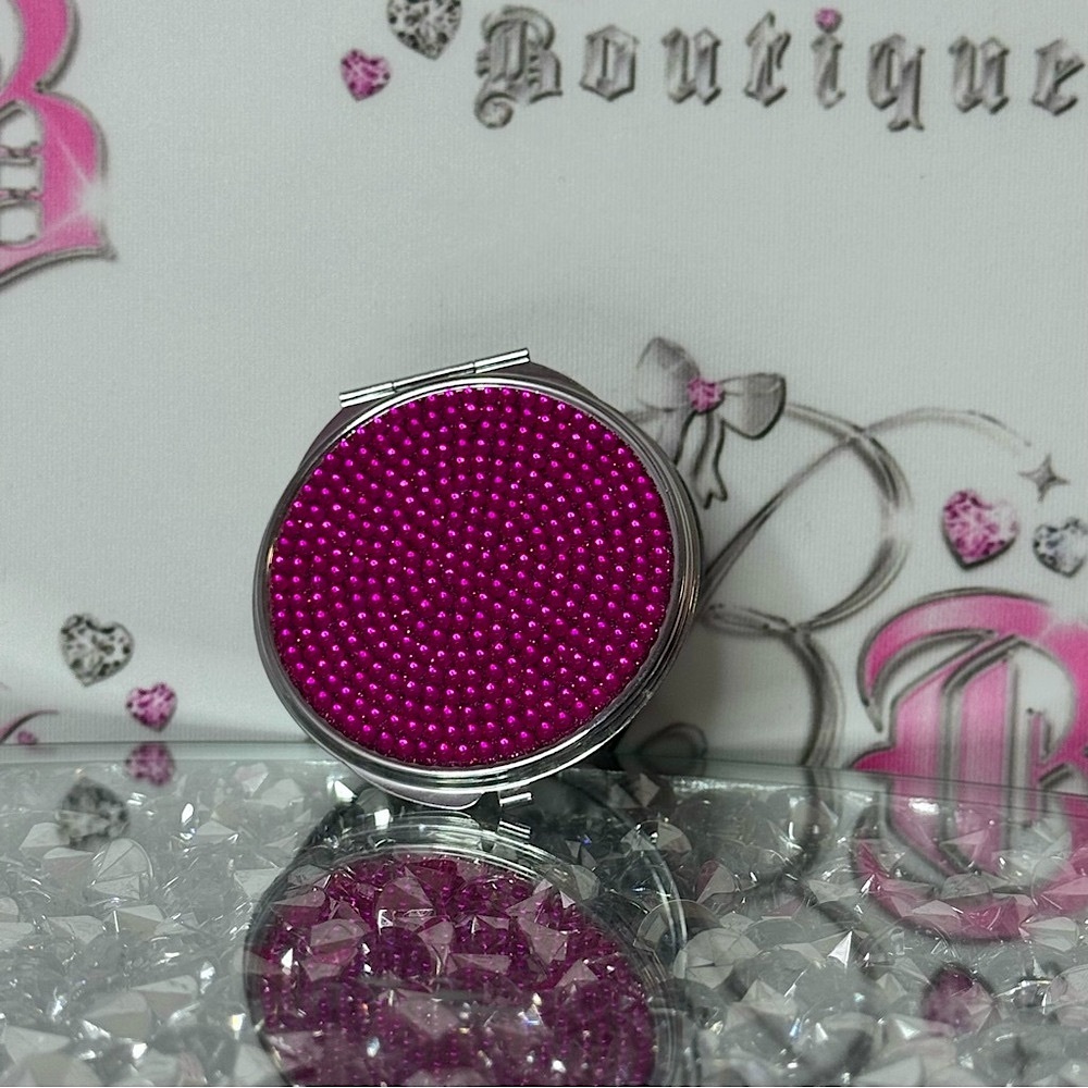 Mini mirror rhinestone bling pink bright Fuchsia Beaded Compact Mirror